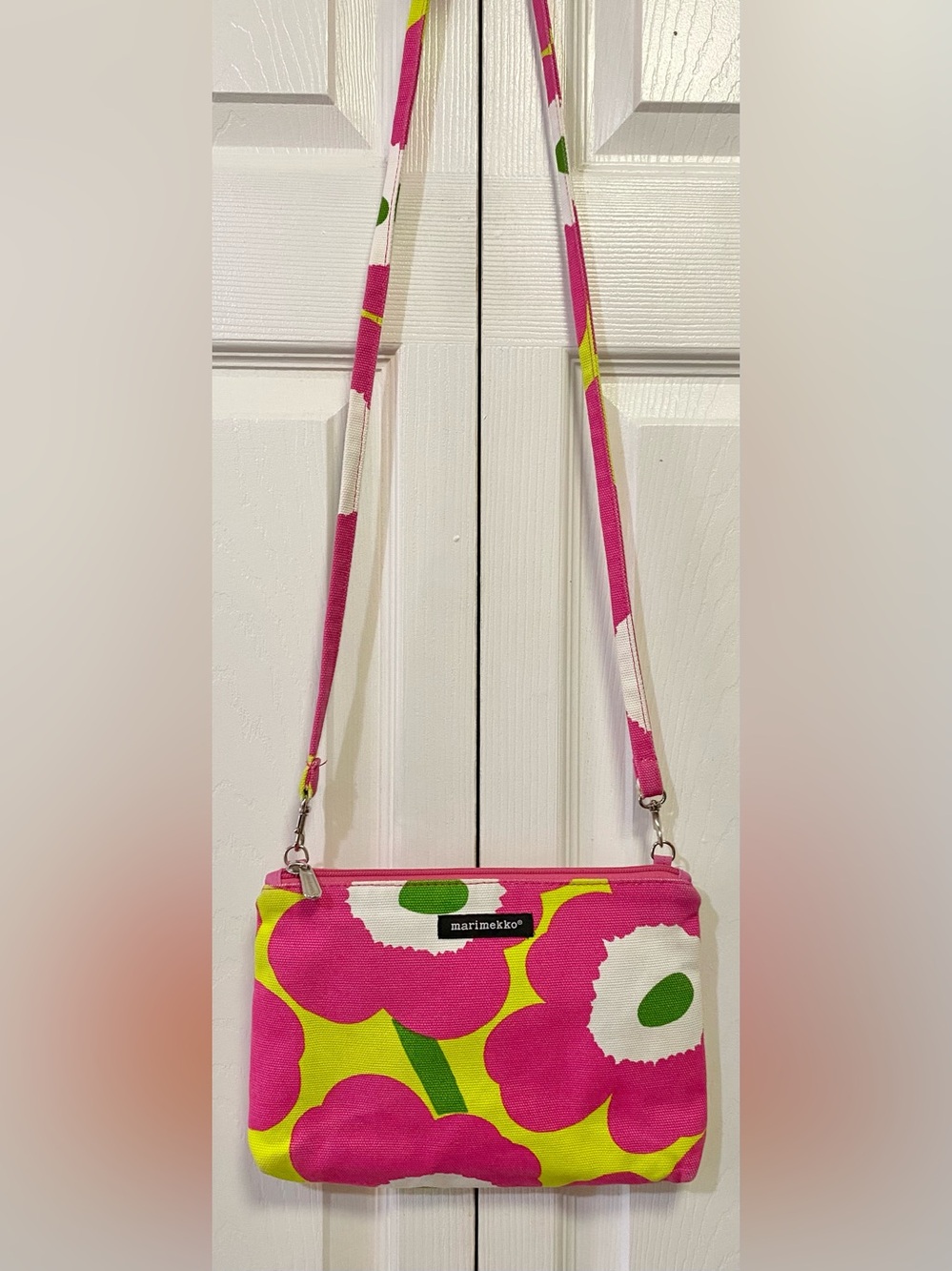 Marimekko Pink Green Yellow Unikko Canvas Crossbody Bag - Picture 3 of 7